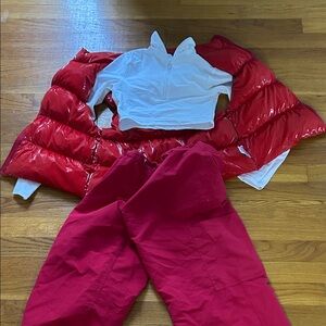 Red Puffer Vest with White Top and Red Pants